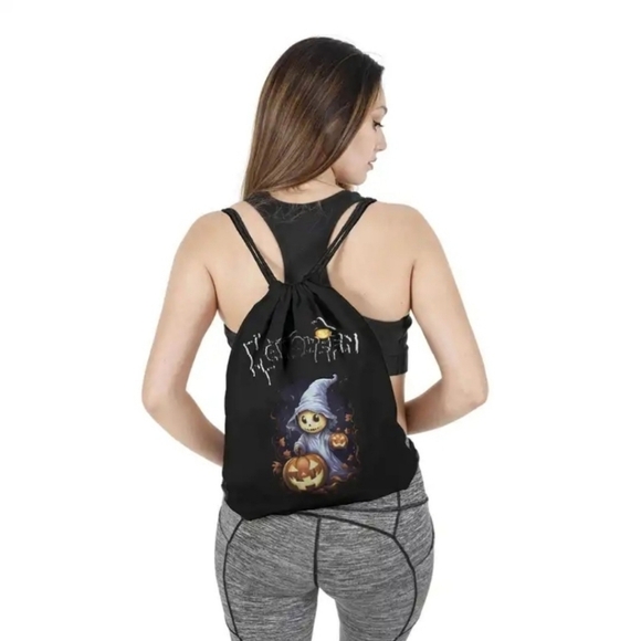 Pumpkin Ghost ✦ Drawstring Backpack ✦ Black Rope Bag w/ Spooky Graphics NWT - Picture 5 of 10